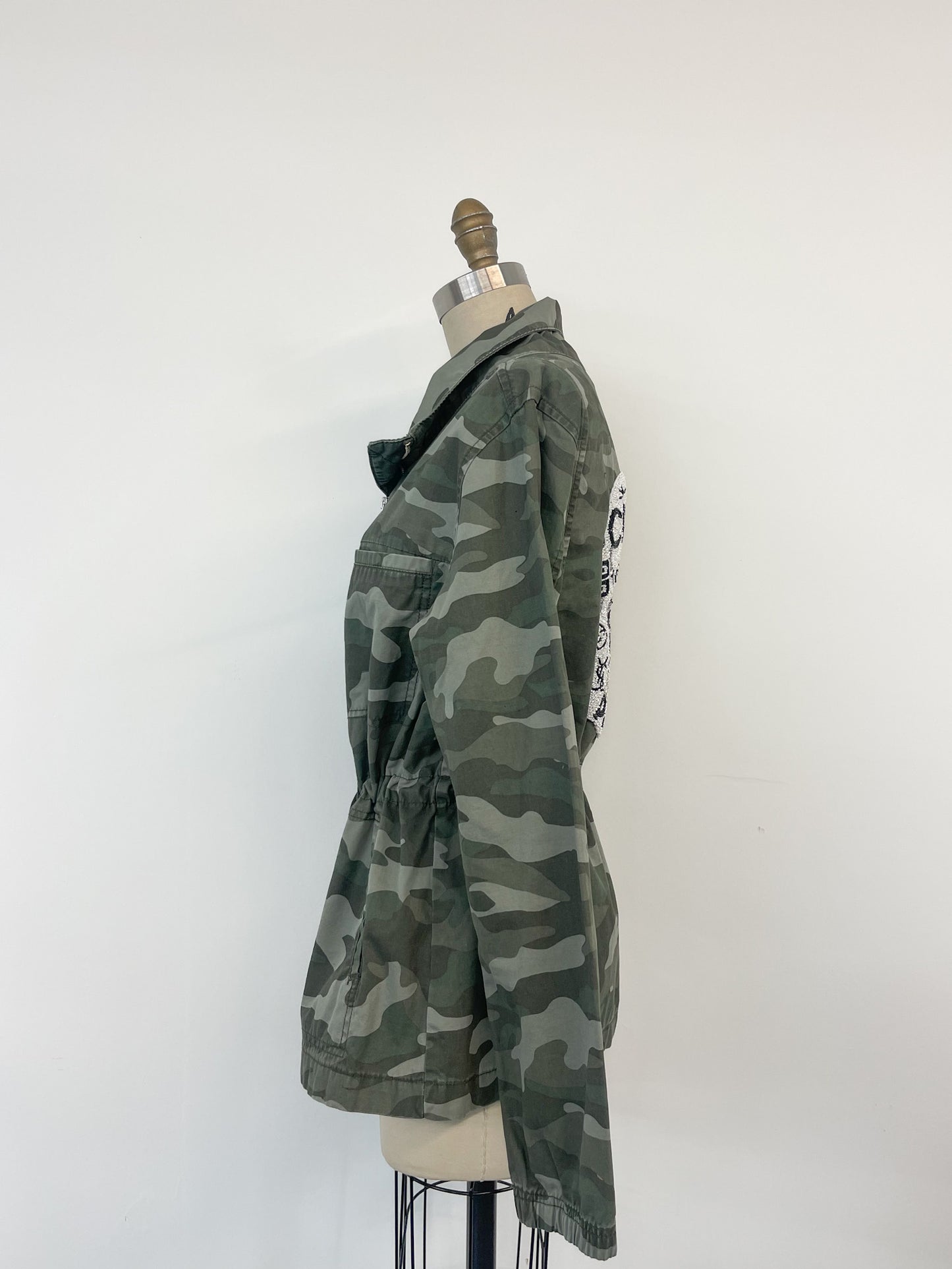 Upcycled Army Camo Jacket - Beaded Skull Patch