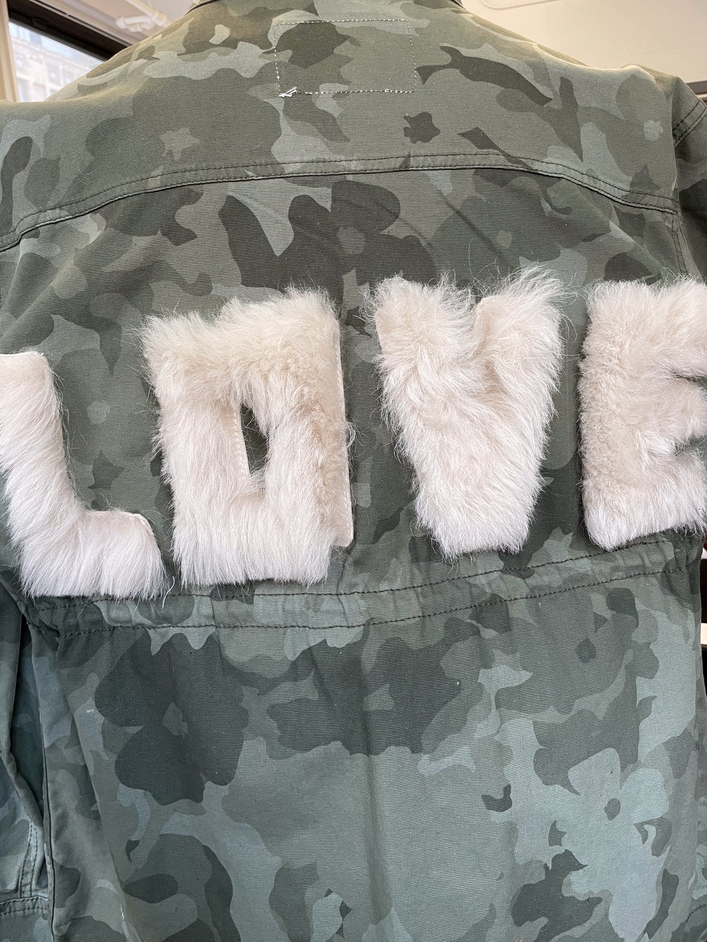 Upcycled Shearling Love Camo Jacket