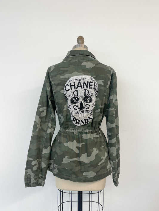 Upcycled Army Camo Jacket - Beaded Skull Patch
