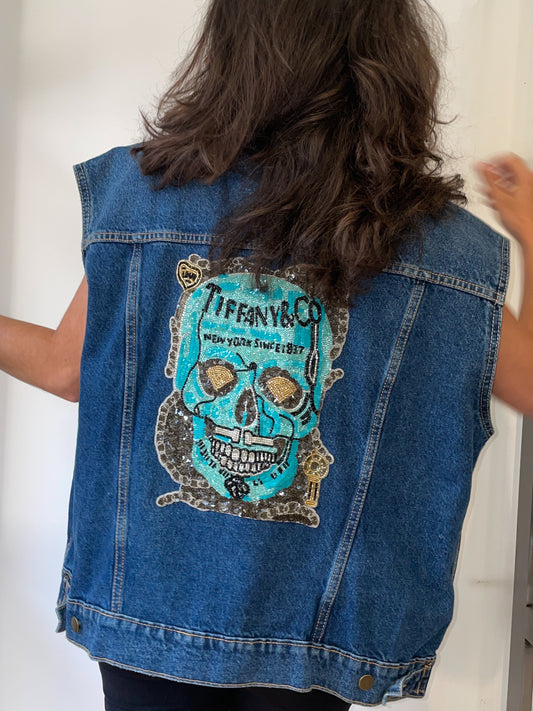 Upcycled Denim Vest - Tiffany Skull Patch